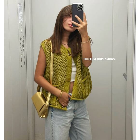 ZARA Knit Top NWT – Pistachio Green Gold Button Vest, Size S - Picture 12 of 16